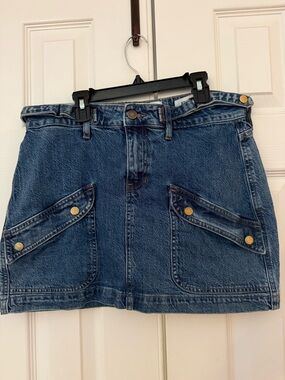 Dark Blue Denim Mini Skirt with Angled Flap Pockets